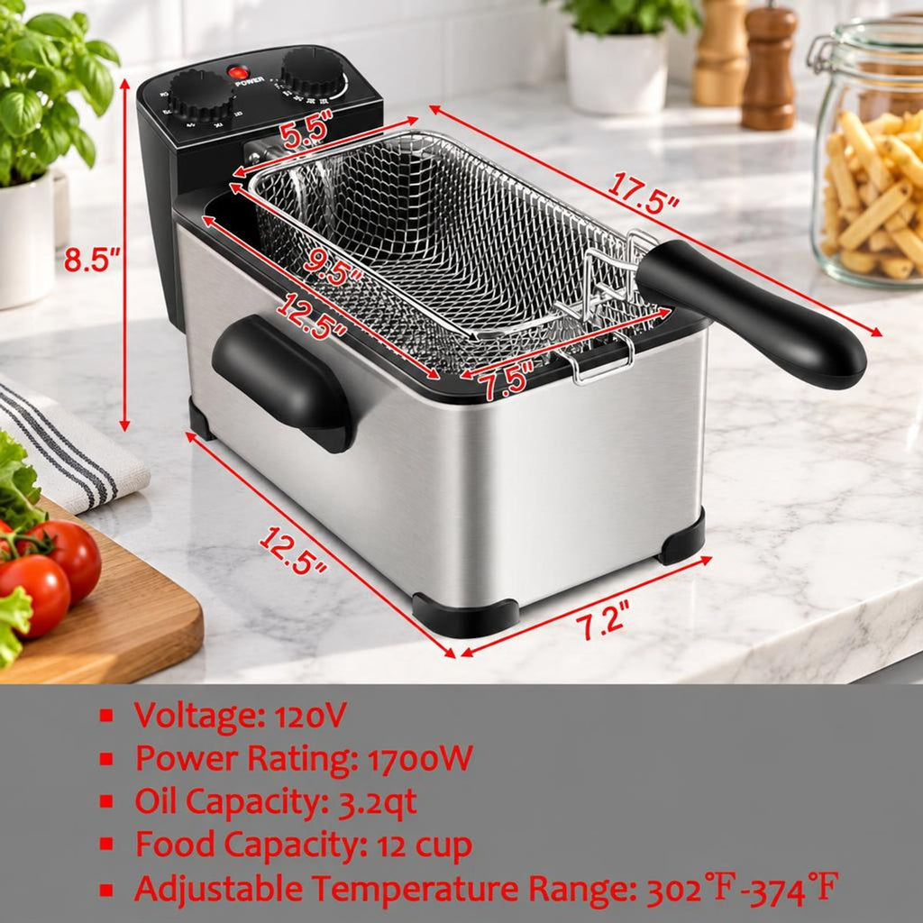 Airfind 3.2 Quart Electric Stainless Steel Deep Fryer featuring Timer, Stainless Steel Iron Frame, 21.5 Inch x 9.5 Inch x 8.5 Inch Footprint, Silver