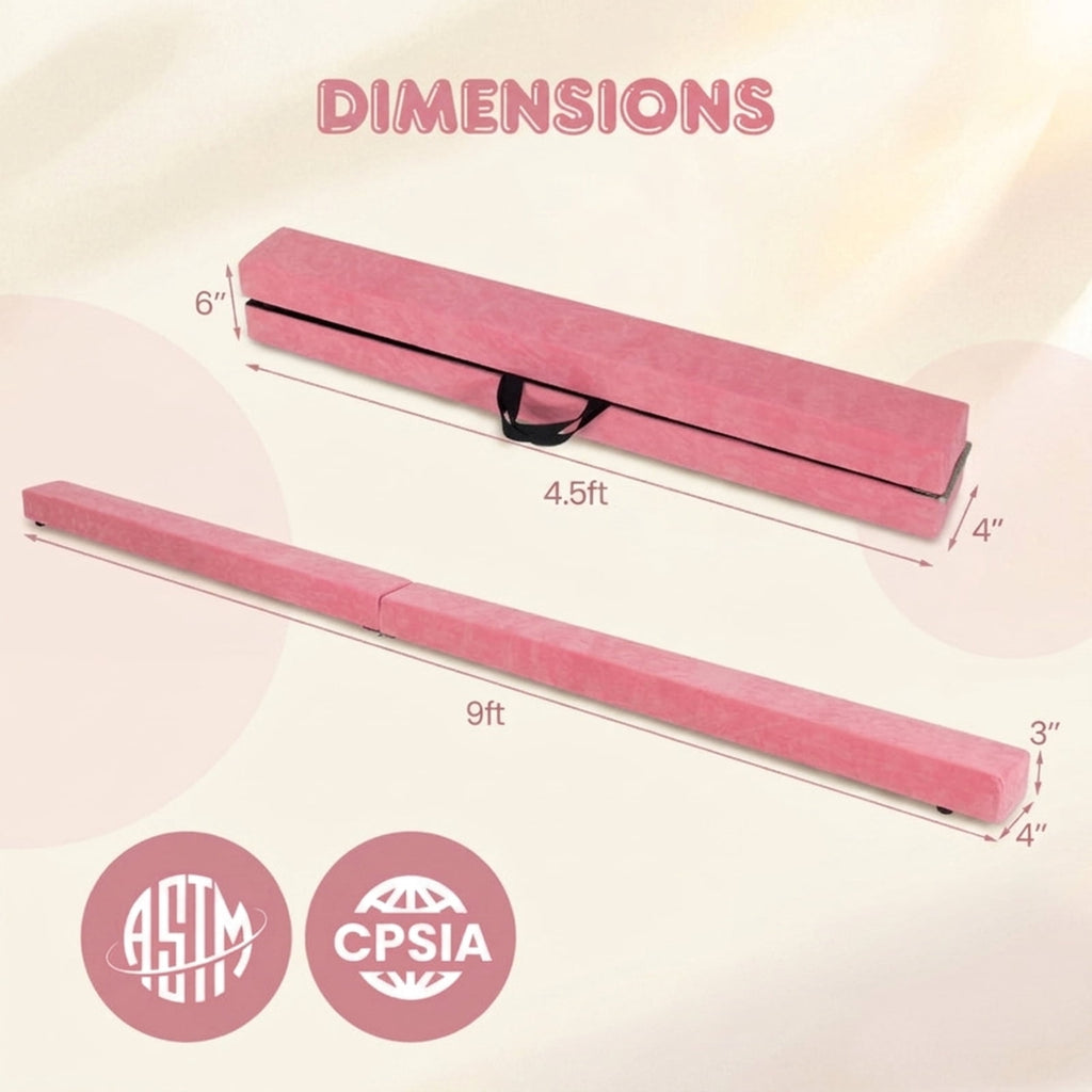 Airfind 9 ft Folding Gymnastics Balance Beam with Suede Cover, Pine Wood Core and Non-Slip Mat, Pink