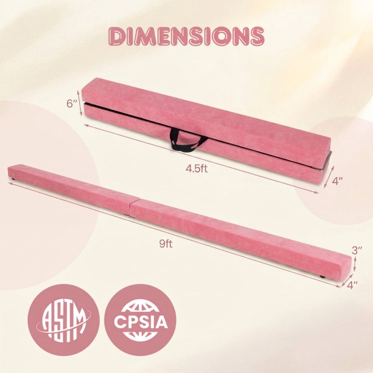 Airfind 9 ft Folding Gymnastics Balance Beam with Suede Cover, Pine Wood Core and Non-Slip Mat, Pink
