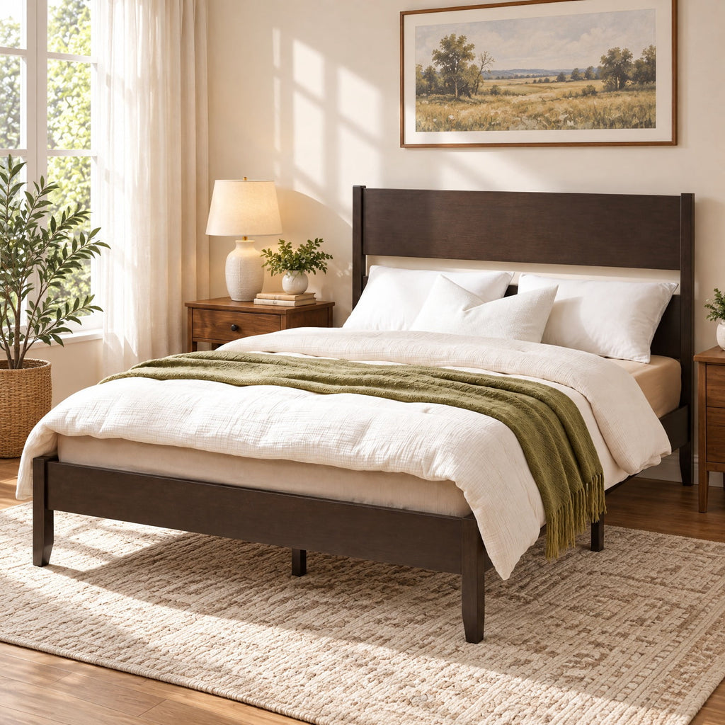 Airfind Queen Bed Frame with Headboard and Solid Wood Legs 12 Slats, 800 lbs Capacity, Rubber Wood Engineered Wood LVL Frame, Wood