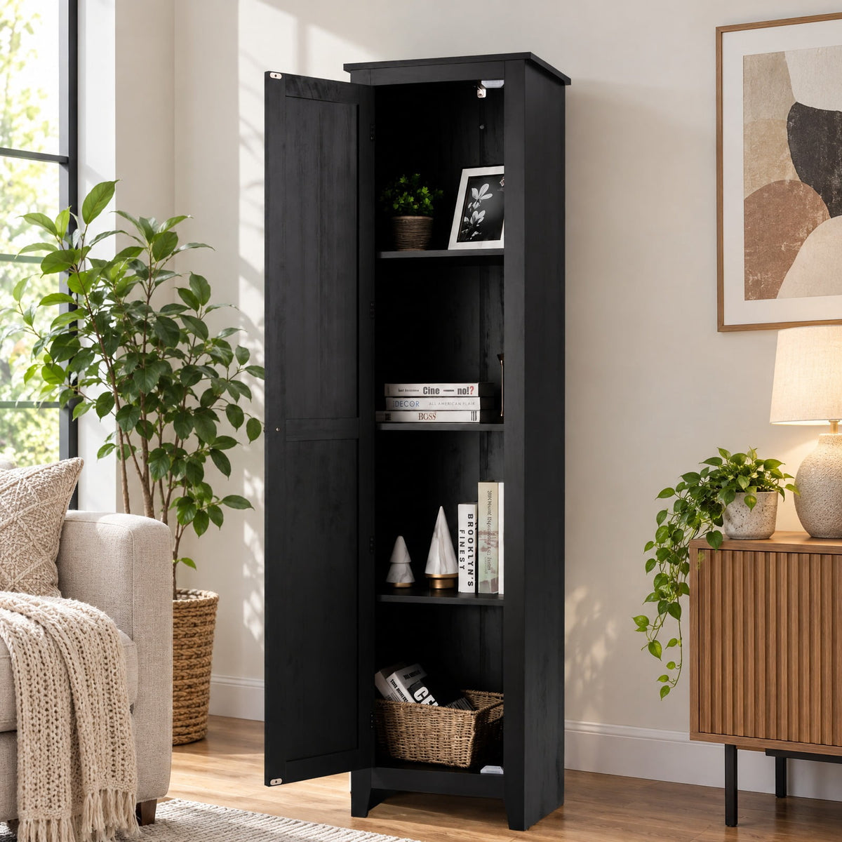 Airfind Linen Tower Bathroom Storage Cabinet Tall Slim Side Organizer with Shelf, 11 lbs Capacity, MDF particleboard Frame, Black