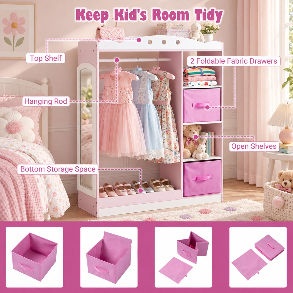 Airfind Kids Dress Up Storage with Full Length Mirror and Open Shelves, Engineered Wood Frame, for 3+ Years Old, 35.5in x 12in x 44in Footprint, Pink