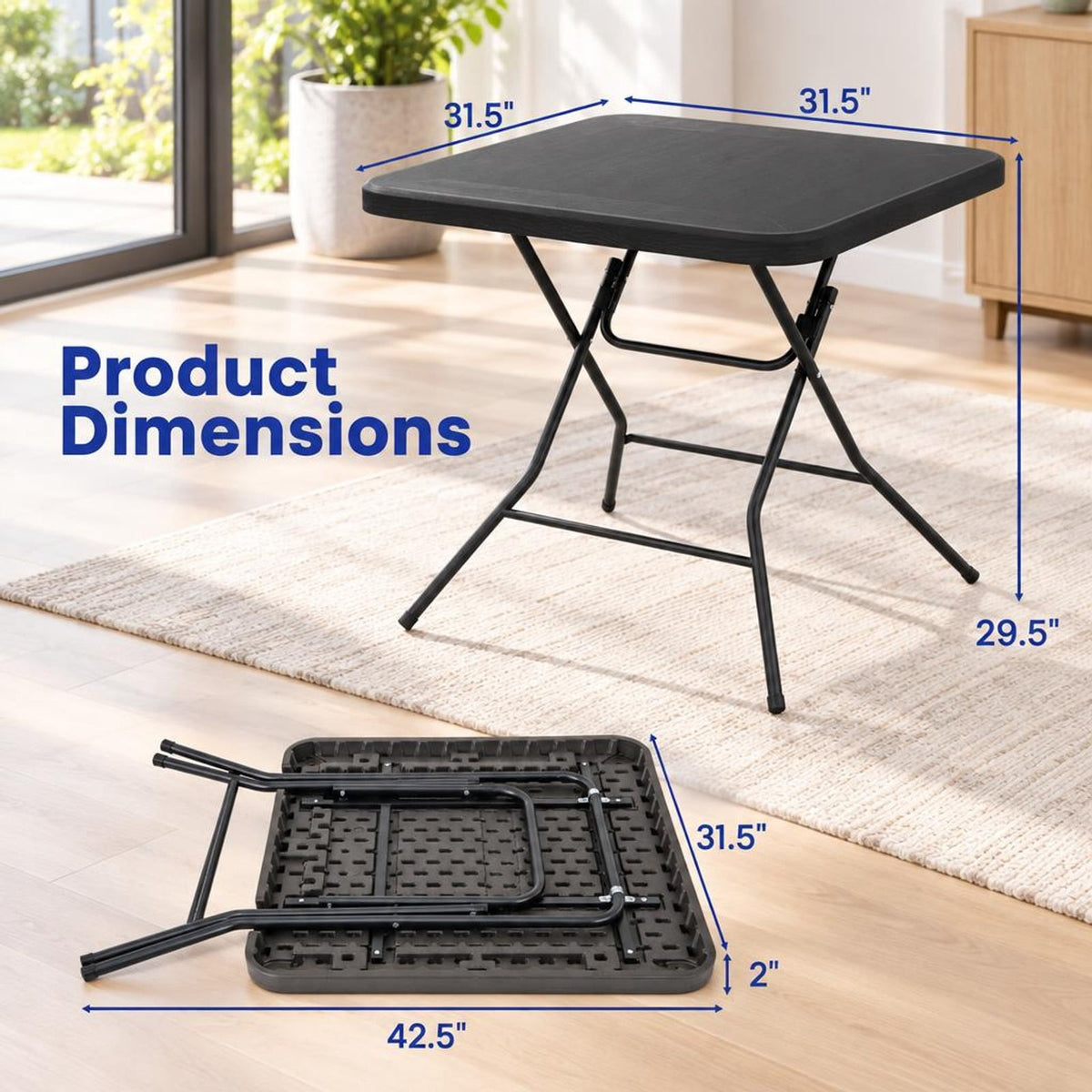 Airfind 2.6FT Foldable Dining Table with Wood Grain HDPE Tabletop and Non-slip Foot Pads, 110 lbs Capacity, HDPE Metal Frame, Black