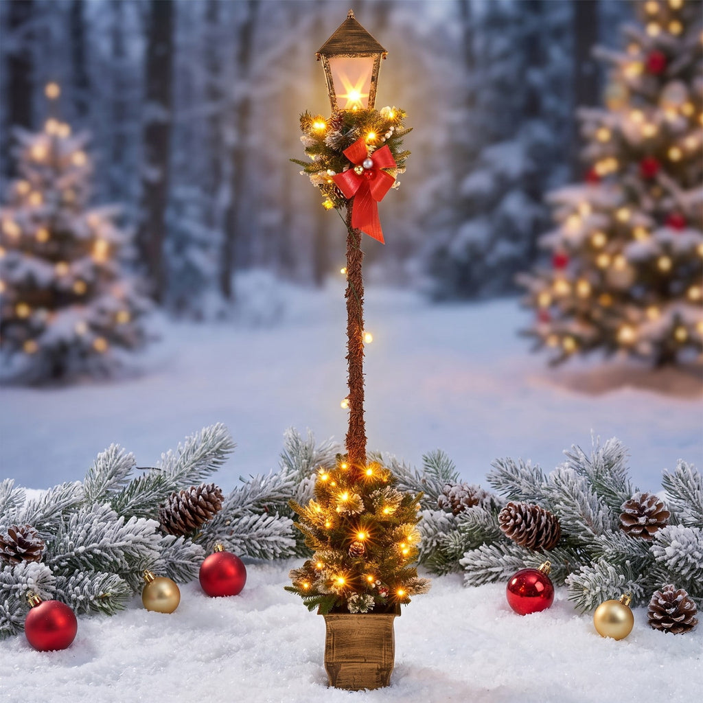 Airfind 6.1 Feet Christmas Pre-lit Street Lamp with Artificial Greenery and Snow-flocked Branch Tips, Metal Plastic Frame, 9in x 9in x 6.1ft Footprint
