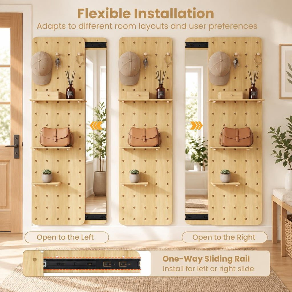 Airfind Solid Wood Full Length Mirror with Pegboard Shelves and Hooks for Entryway, Solid Wood Glass Frame, 16 x 5.5 x 55 Footprint, Natural