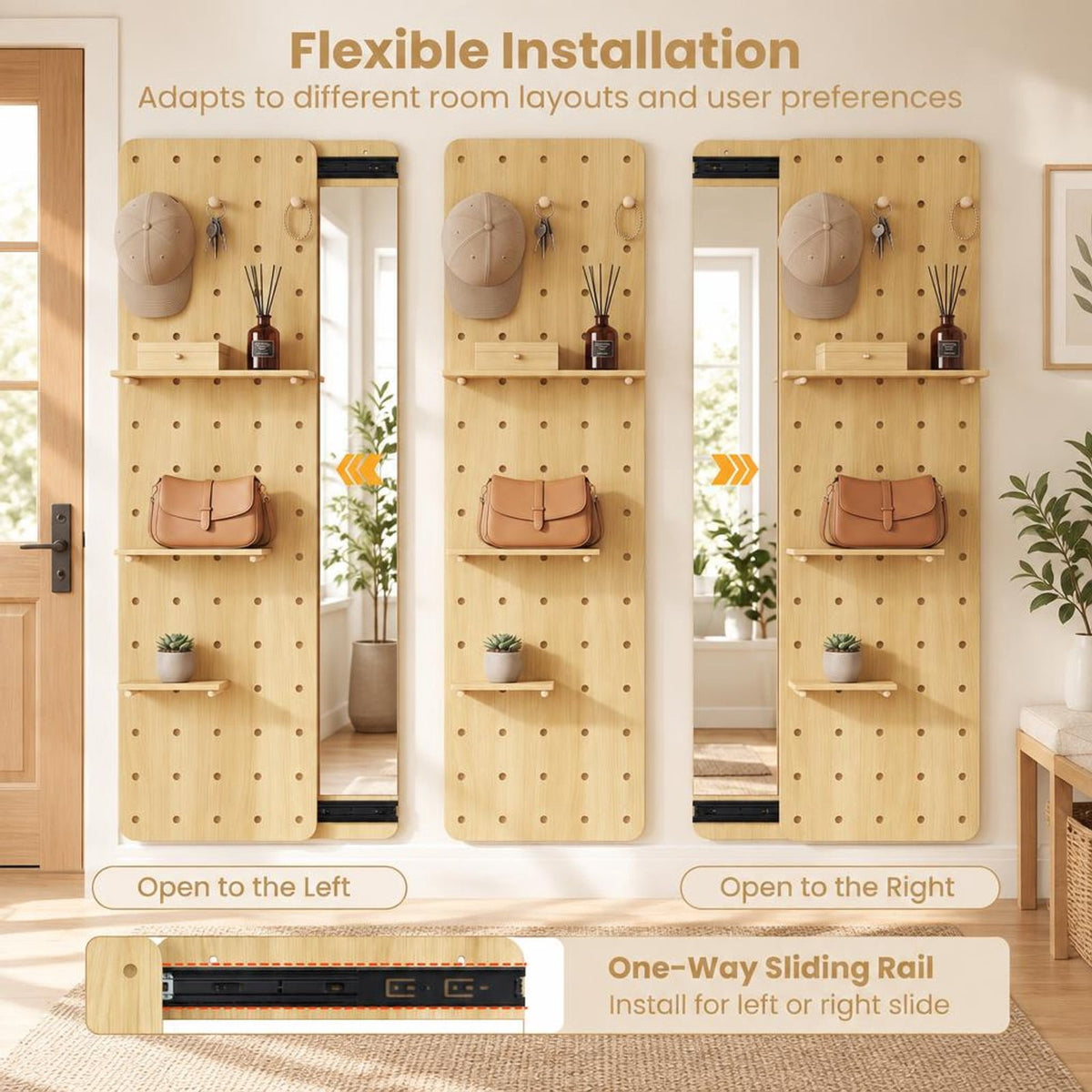 Airfind Solid Wood Full Length Mirror with Pegboard Shelves and Hooks for Entryway, Solid Wood Glass Frame, 16 x 5.5 x 55 Footprint, Natural