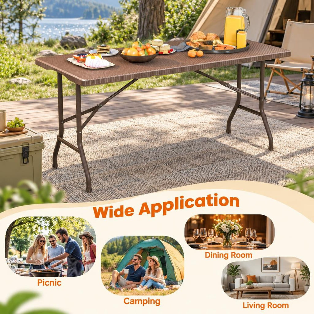 Airfind 5FT Folding Picnic Table with Rattan Grain HDPE Tabletop and Sturdy Metal Fame, 400 lbs Capacity, HDPE Metal Frame, Coffee