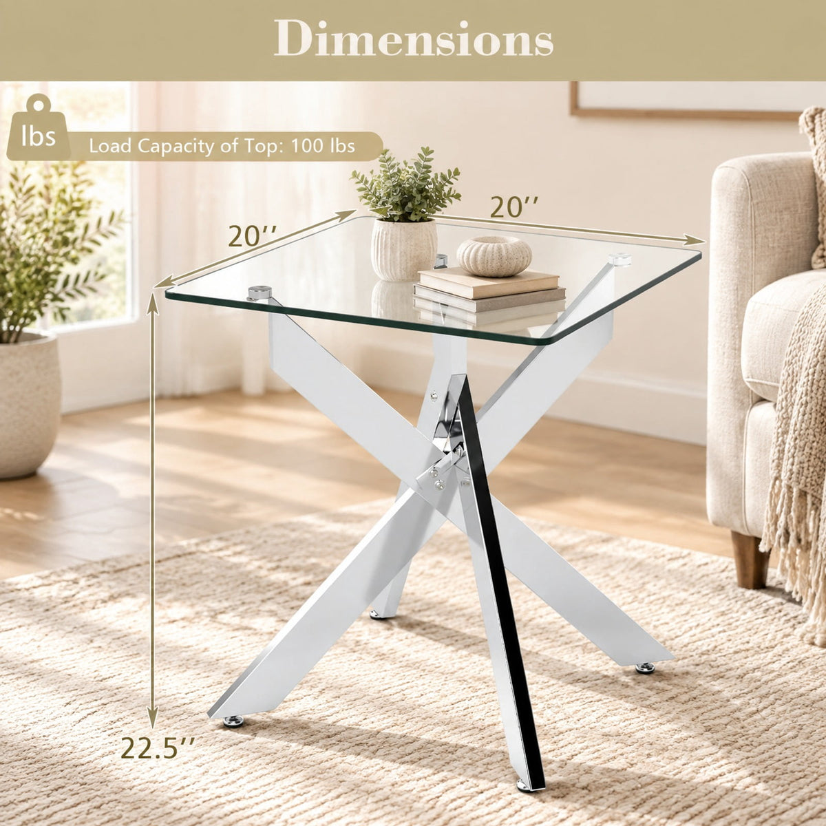 Airfind Glass Side Table Square End Table with Tempered Glass Top and Metal X Base, 20 Inch x 20 Inch x 22.5 Inch Load Footprint, Silver