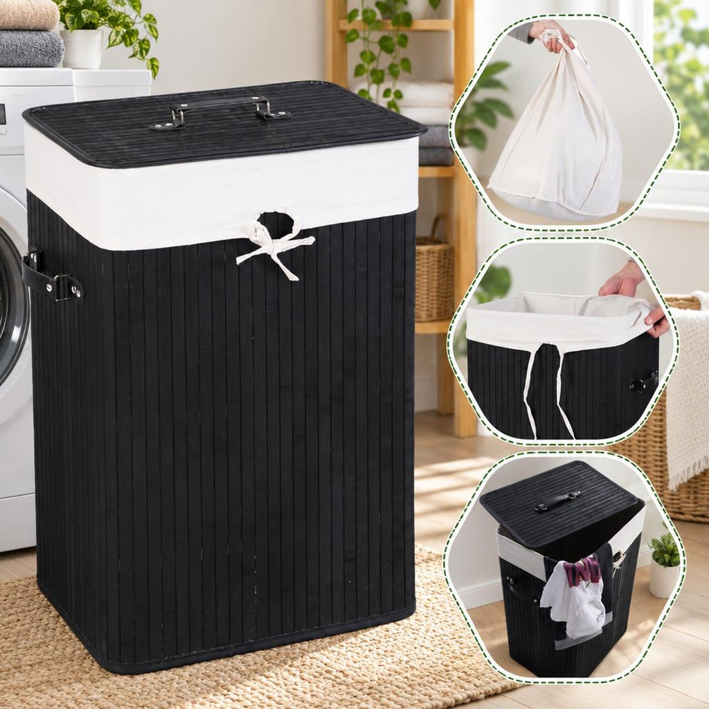 Airfind Rectangle Bamboo Hamper Laundry Basket Washing Cloth Bin Storage Bag Lid 3 color, Bamboo and polyester cotton Frame, Black
