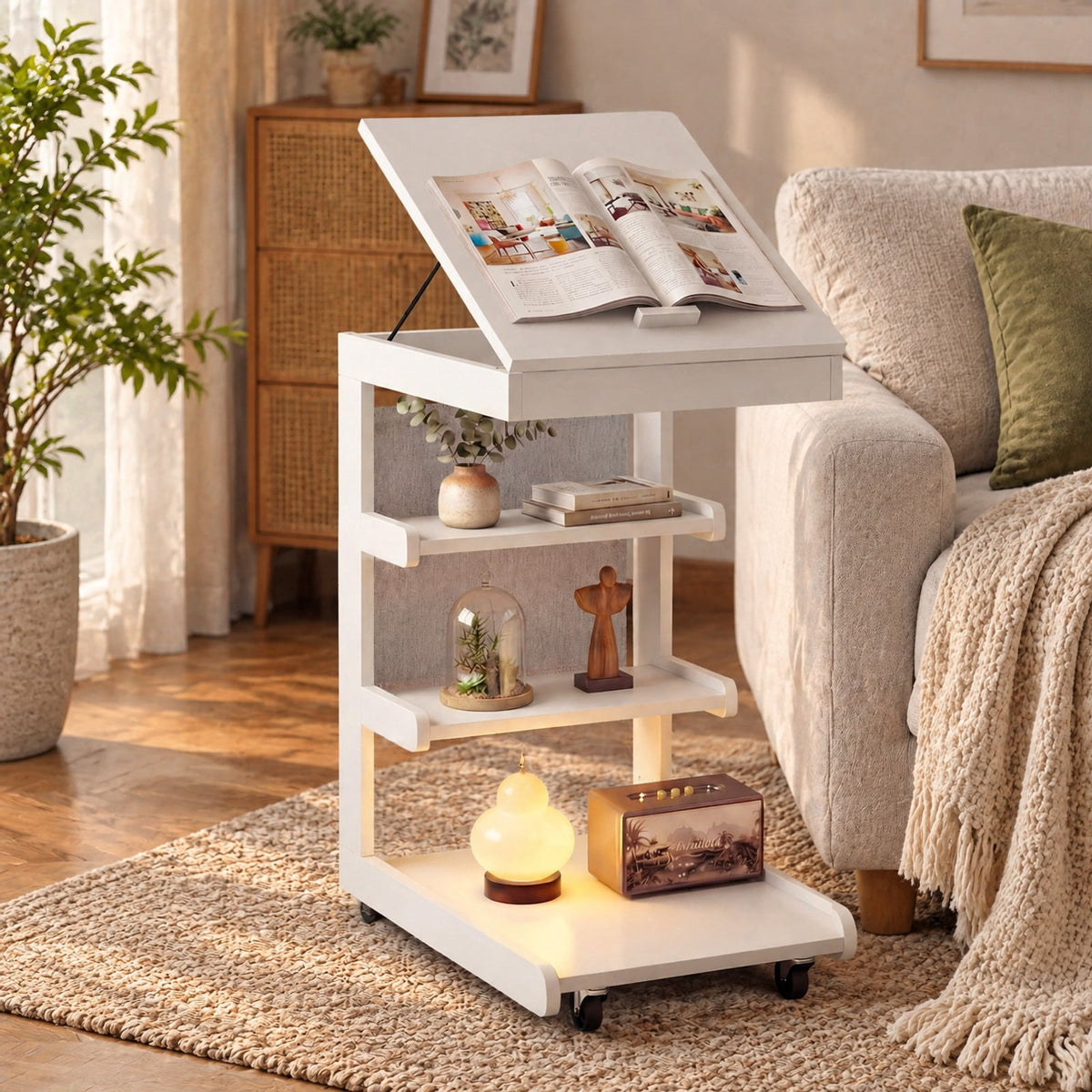 Airfind C-shaped End Table with Wheels and Adjustable Desktop for Sofa Couch Bedside, 210 lbs Capacity, Rubber Wood MDF Engineered Wood Fabric Frame