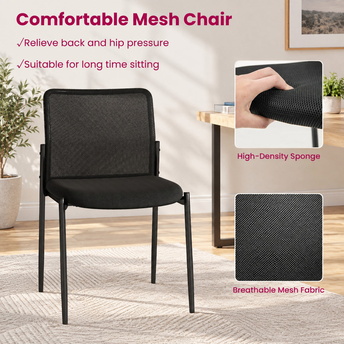 Airfind Waiting Room Chair Set of 2 with Ergonomic Mesh Backrest and Padded Seat, Mesh Fabric Sponge Metal Frame, 25 Inch x 20.5 Inch x 33 Inch Footprint, Black