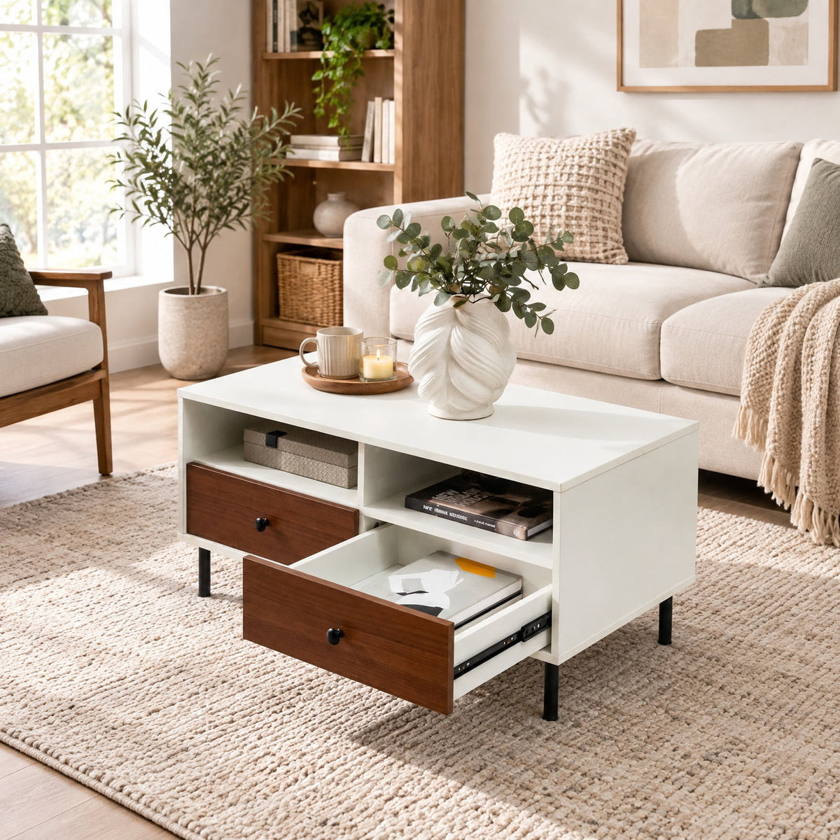 Airfind 2 Tier 40 Inch Length Modern Rectangle Coffee Table with Storage Shelf and Drawers, 200 lbs Capacity, Engineered Wood MDF Frame, White