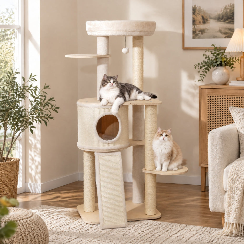 Airfind 56 Inch Tall Cat Tree with 2 Sisal Scratching Posts and Ladder, 33 lbs Capacity, 23 Inch x 19 Inch x 56 Inch Condo Footprint, Natural