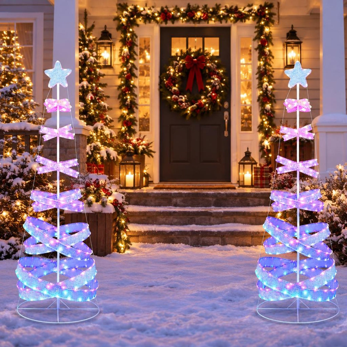 Airfind 7 Feet Outdoor Spiral Christmas Tree for Party Xmas New Year Decoration, Metal Polyester Frame, 2.3 ft x 2.3 ft x 7 ft Footprint, White