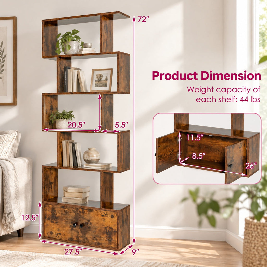 Airfind 6-Tier S-Shaped Freestanding Bookshelf with Cabinet and Doors, Engineered Wood with Engineered Wood and MDF Construction, Coffee