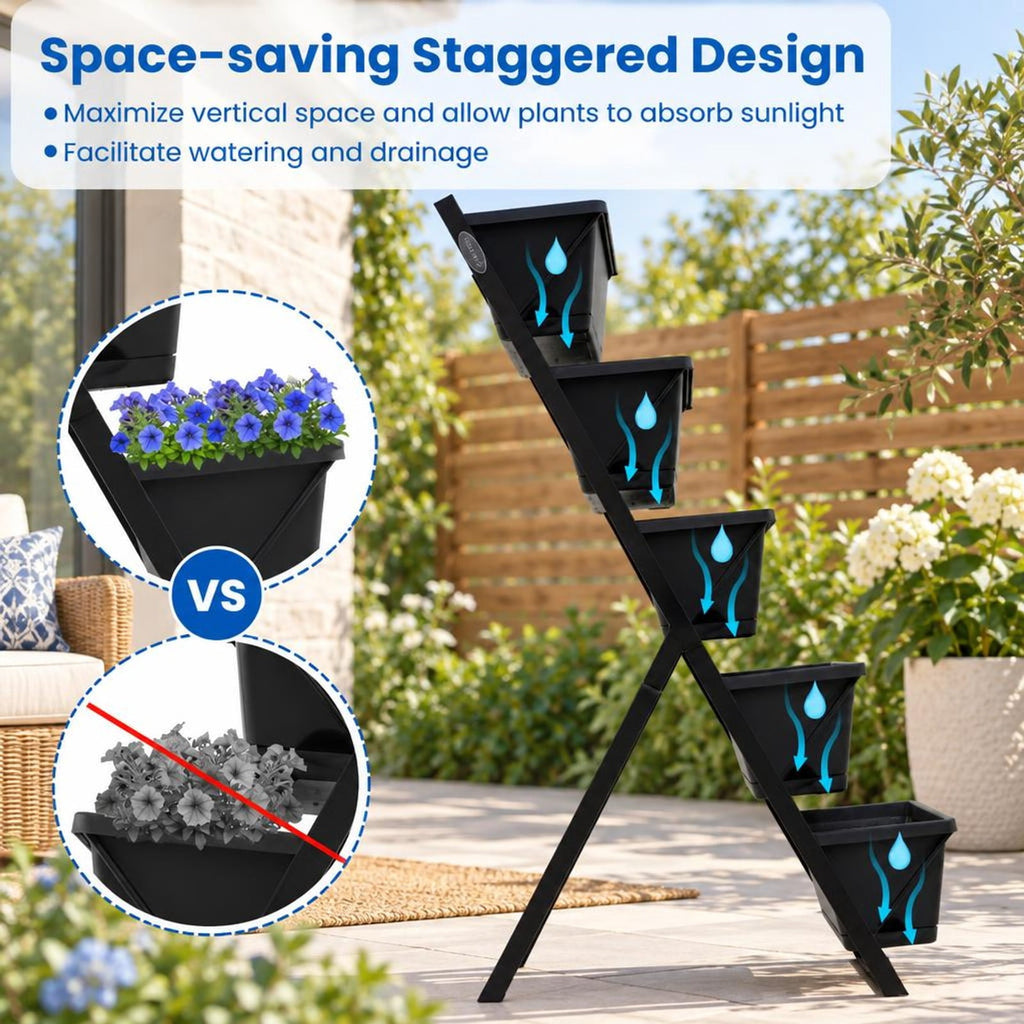 Airfind 5, 22 lbs Capacity, PP Metal Frame, 23 x 27 x 46 Footprint, Black, 5 planter boxes for modular growing