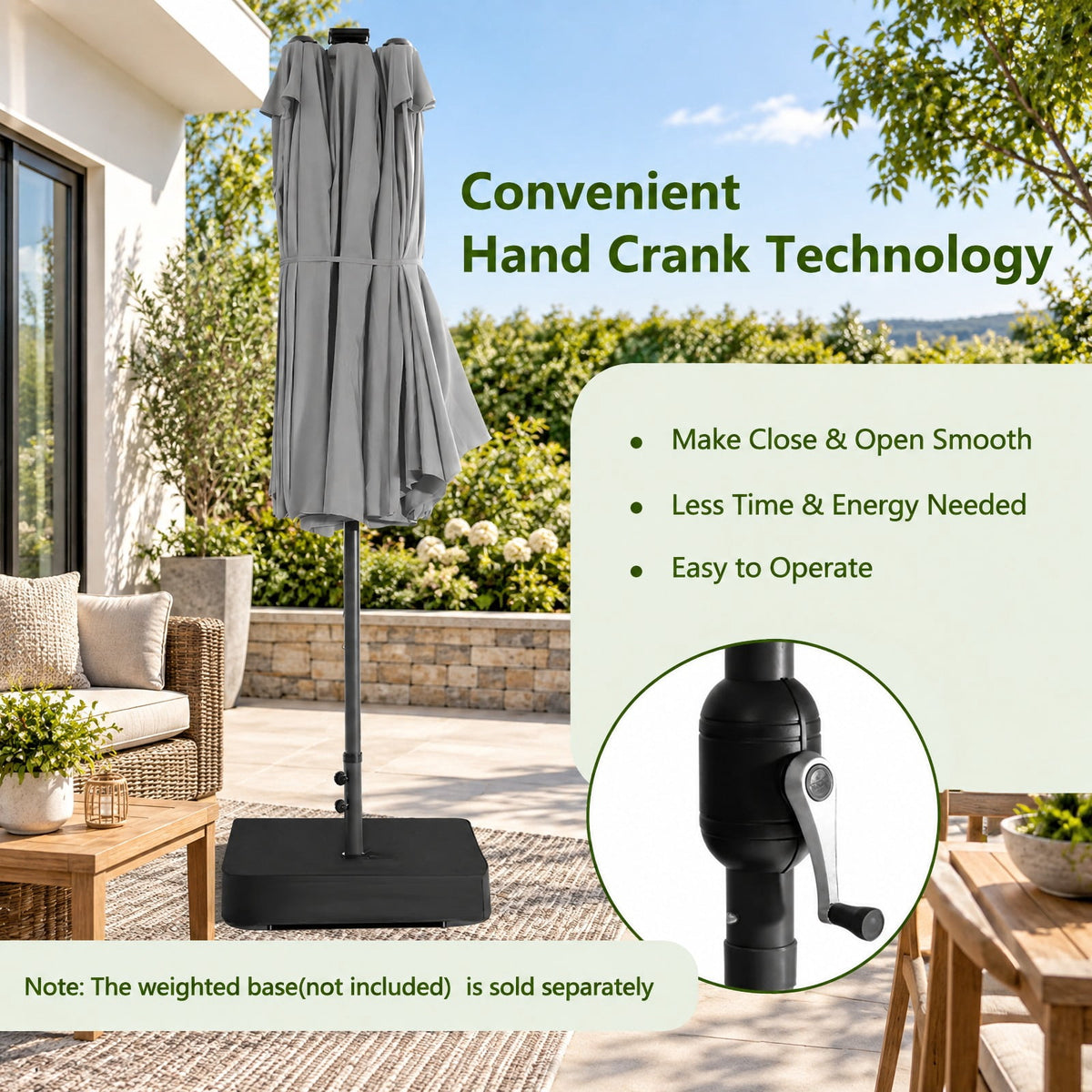 AIRFIND Patio Umbrella with 48 Solar LED Lights, 15 ft Double-Sided Canopy, Hand Crank and 12 Steel Ribs, Base Sold Separately, Gray