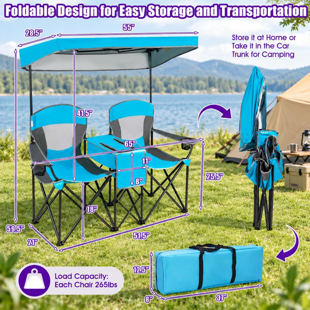 Airfind Patented Portable Folding Camping Canopy Chairs with Cup Holder, Steel oxford fabric Frame, 55.5 x 28.5 x 59.5 (L x W x H) The Footprint