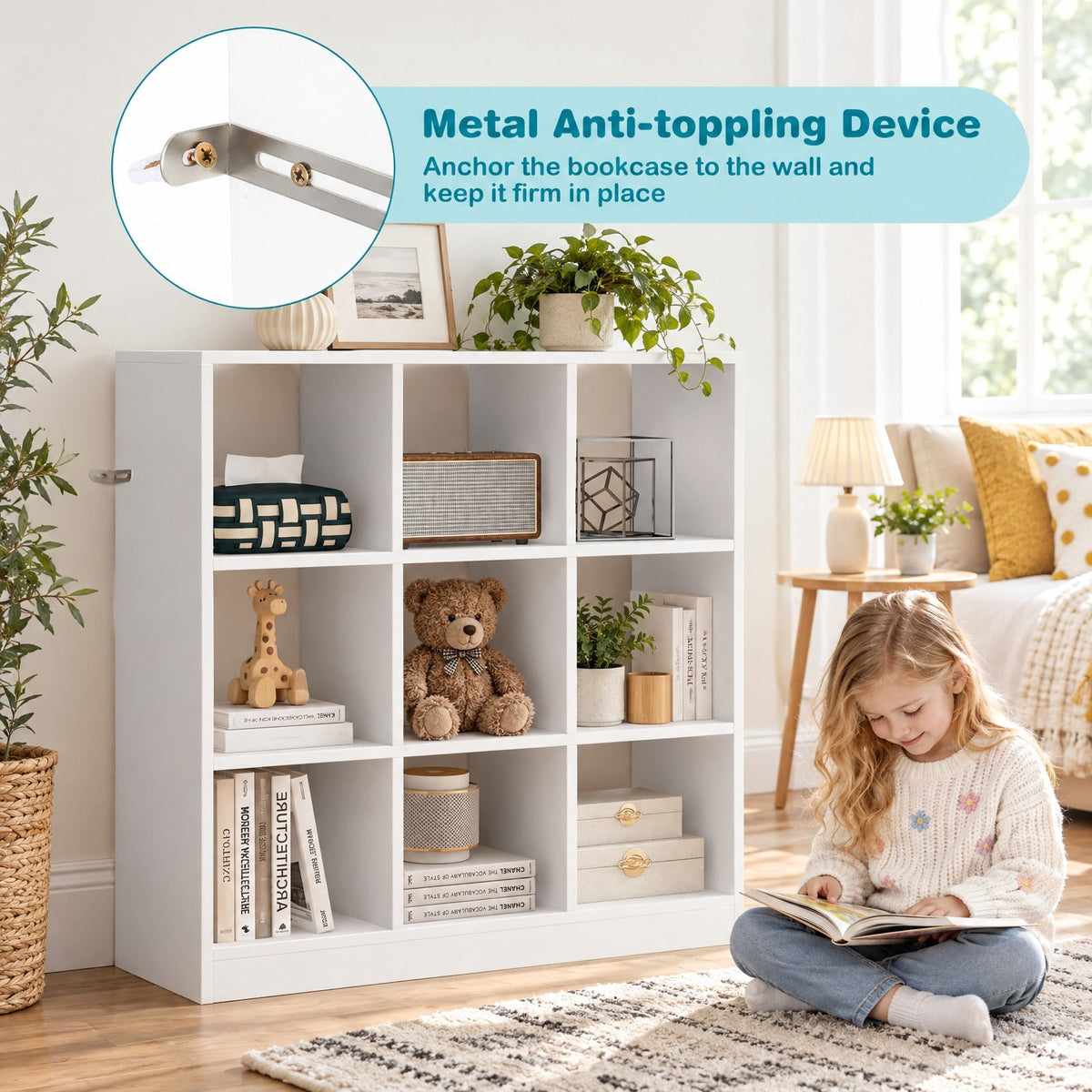 Airfind Modern 9-Cube Bookcase with 2 Anti-Tipping Kits for Books Toys Ornaments, 330 lbs Capacity, Engineered Wood Frame, White