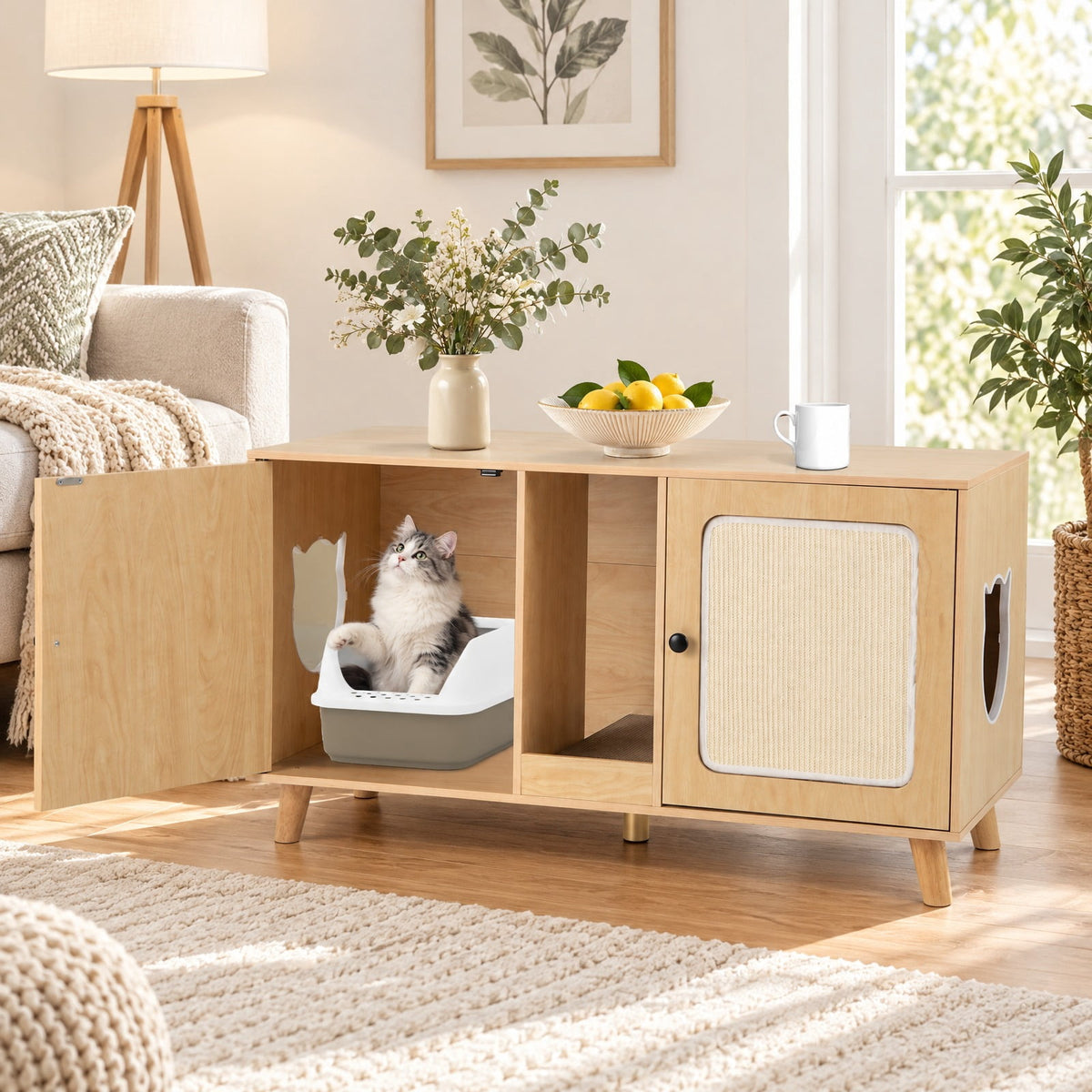 Airfind 43 Inches Cat Litter Box Enclosure with Double Rooms and 2 Sisal Scratching Mats, Engineered Board Frame, 43 x 20 x 24 Footprint, Natural
