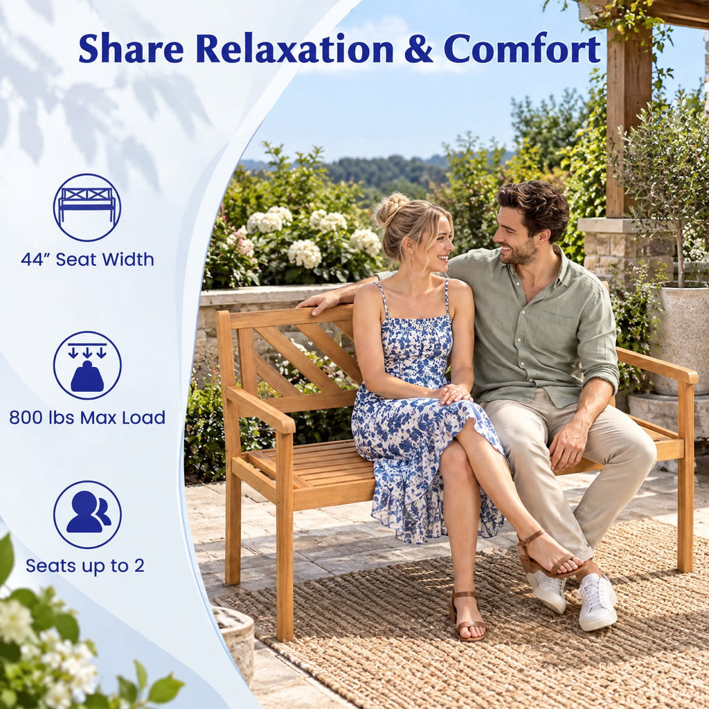 Airfind 2-Person Patio Acacia Wood Garden Chair with Armrests and Backrest for Porch, 800 lbs Capacity, Acacia Wood Frame, Teak