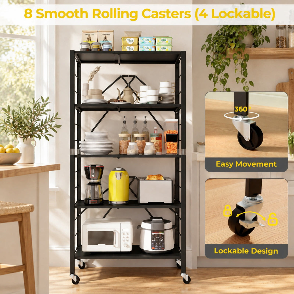 Airfind 5-Tier Foldable Storage Shelf with Wheels, 165 lbs Capacity, Metal Frame, 30 Inch x 13.5 Inch x 60.5 Inch Footprint, Black