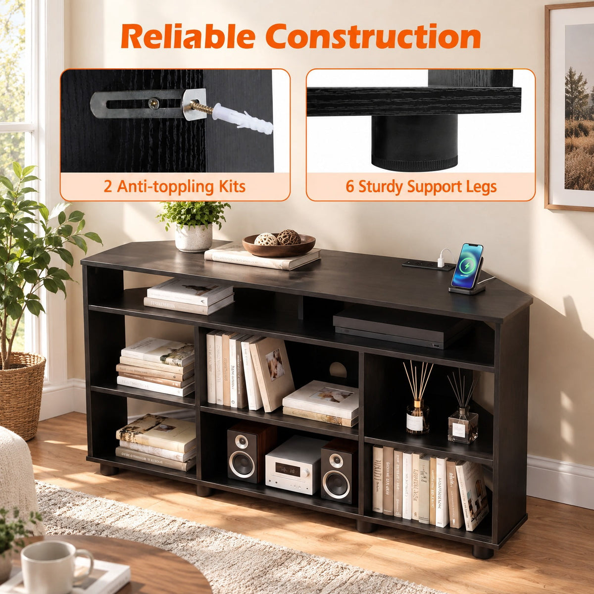 Airfind Corner Entertainment Center TV Stand for TVs up to 55 Inch, 90 lbs Capacity, Engineered Wood Frame, 46.5 x 16 x 21.5 Footprint, Black