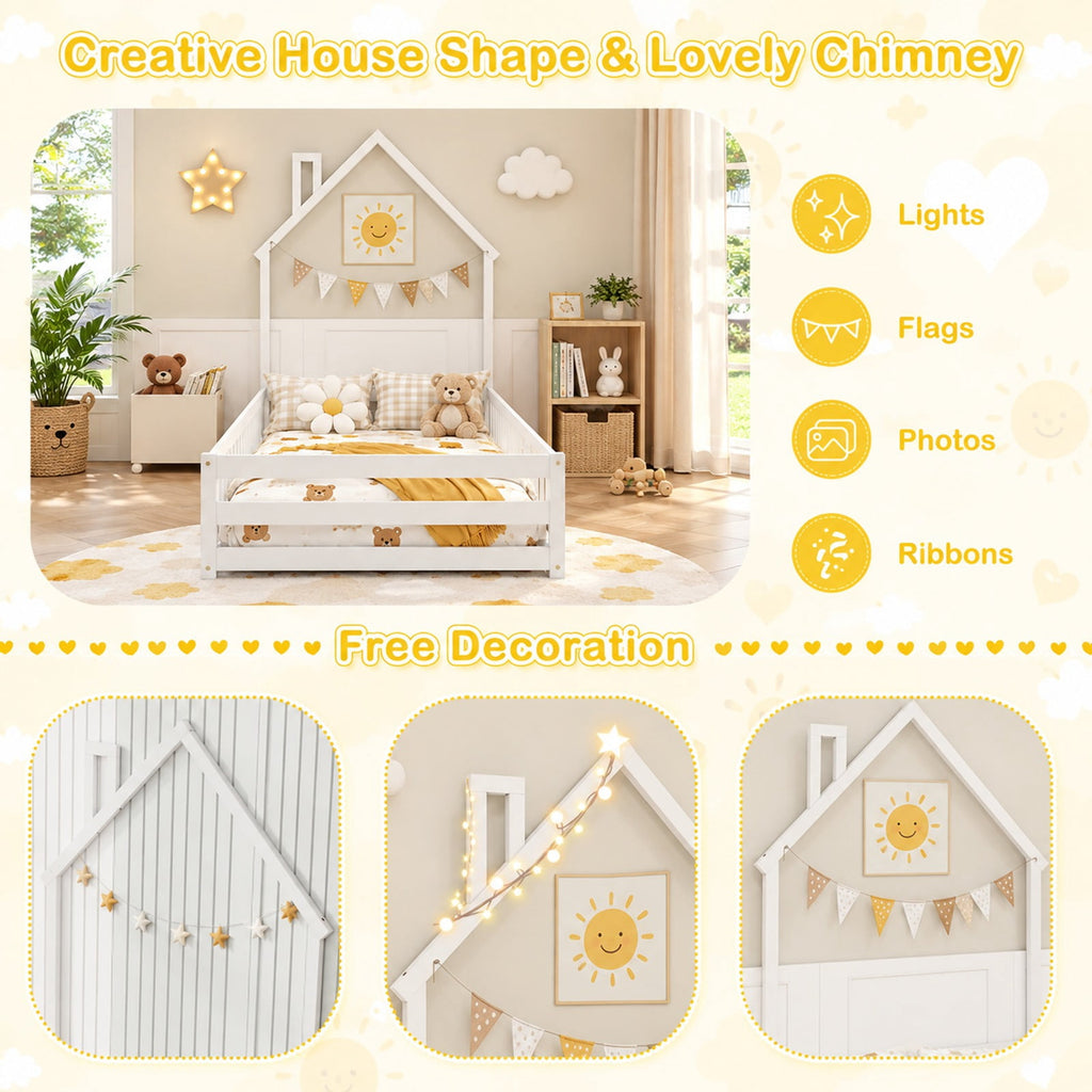 Airfind Twin Size Montessori Floor Bed with Lockable Door and Full-Length Guardrail, Solid Wood Plywood Frame, 78.5 x 45 x 66.5 Footprint, White