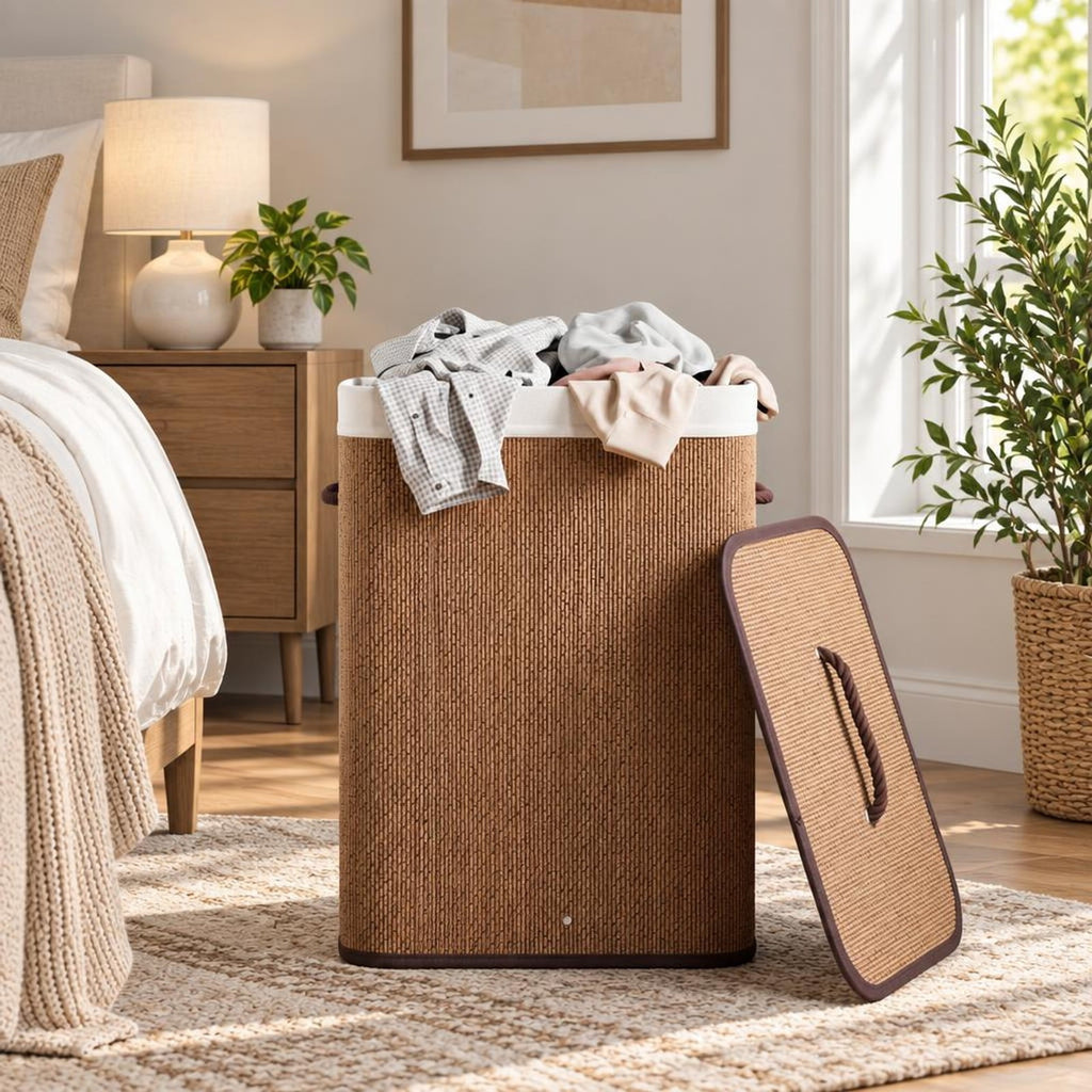 Airfind 19 Gal Capacity Bamboo Clothes Hamper with Removable Liner and Portable Handles, 22 lbs Capacity, 16.5 x 12.5 x 24 Footprint, Brown