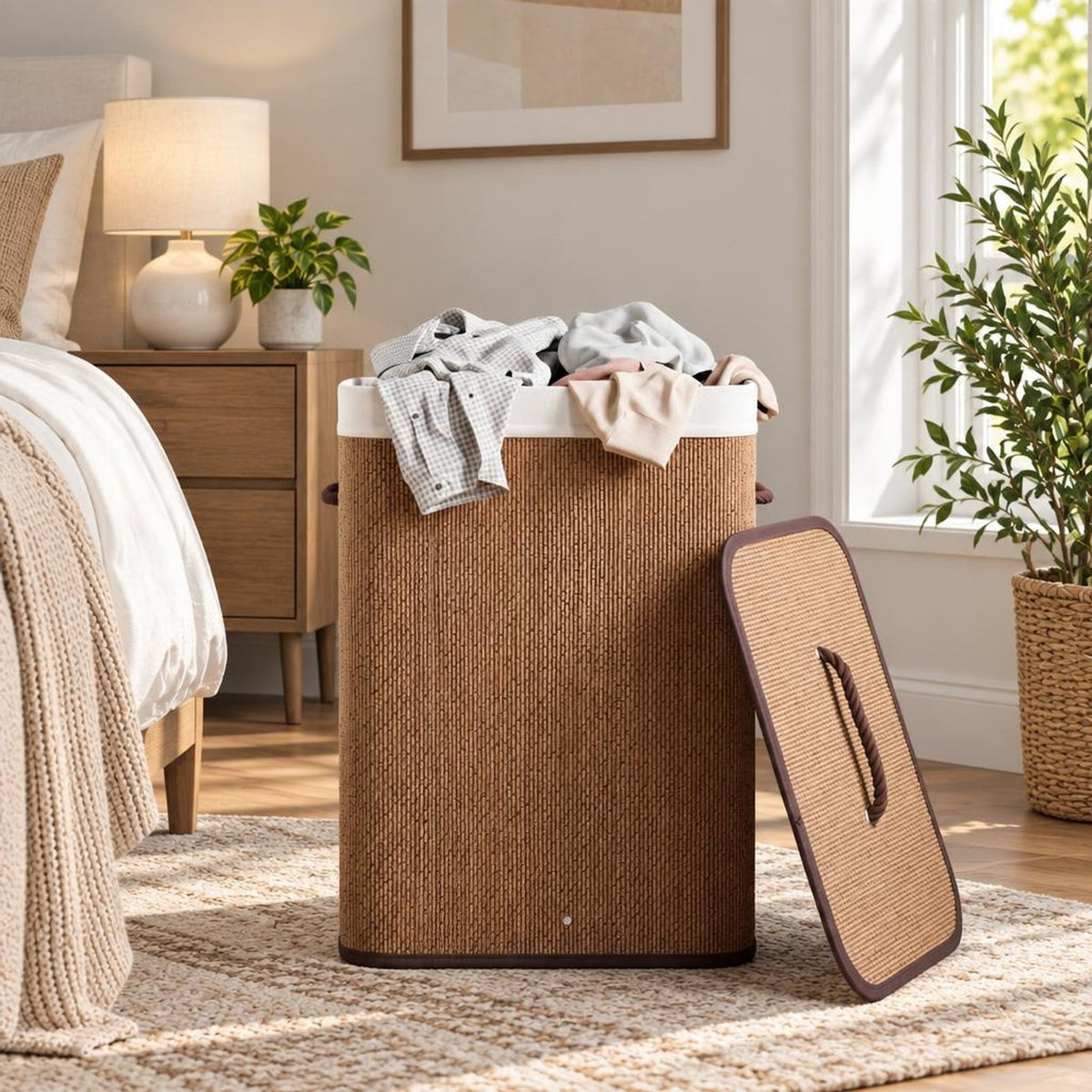 Airfind 19 Gal Capacity Bamboo Clothes Hamper with Removable Liner and Portable Handles, 22 lbs Capacity, 16.5 x 12.5 x 24 Footprint, Brown