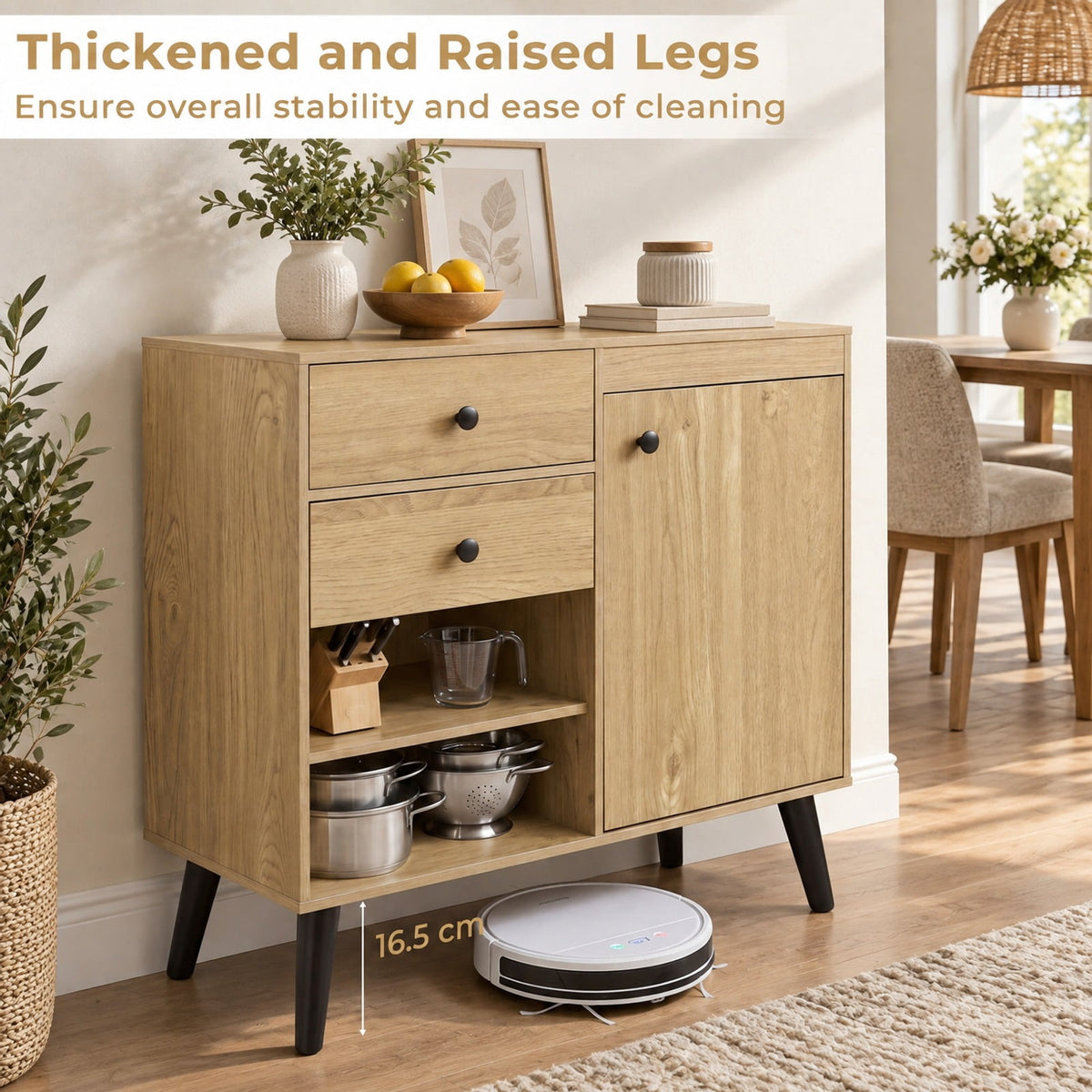 Airfind 31 Inch Sideboard Cabinet, with 2 Open Compartments and 2 Drawers, 135 lbs Capacity, Engineered Wood Frame, 31 Inch x 14 Inch x 31 Inch Footprint, Natural