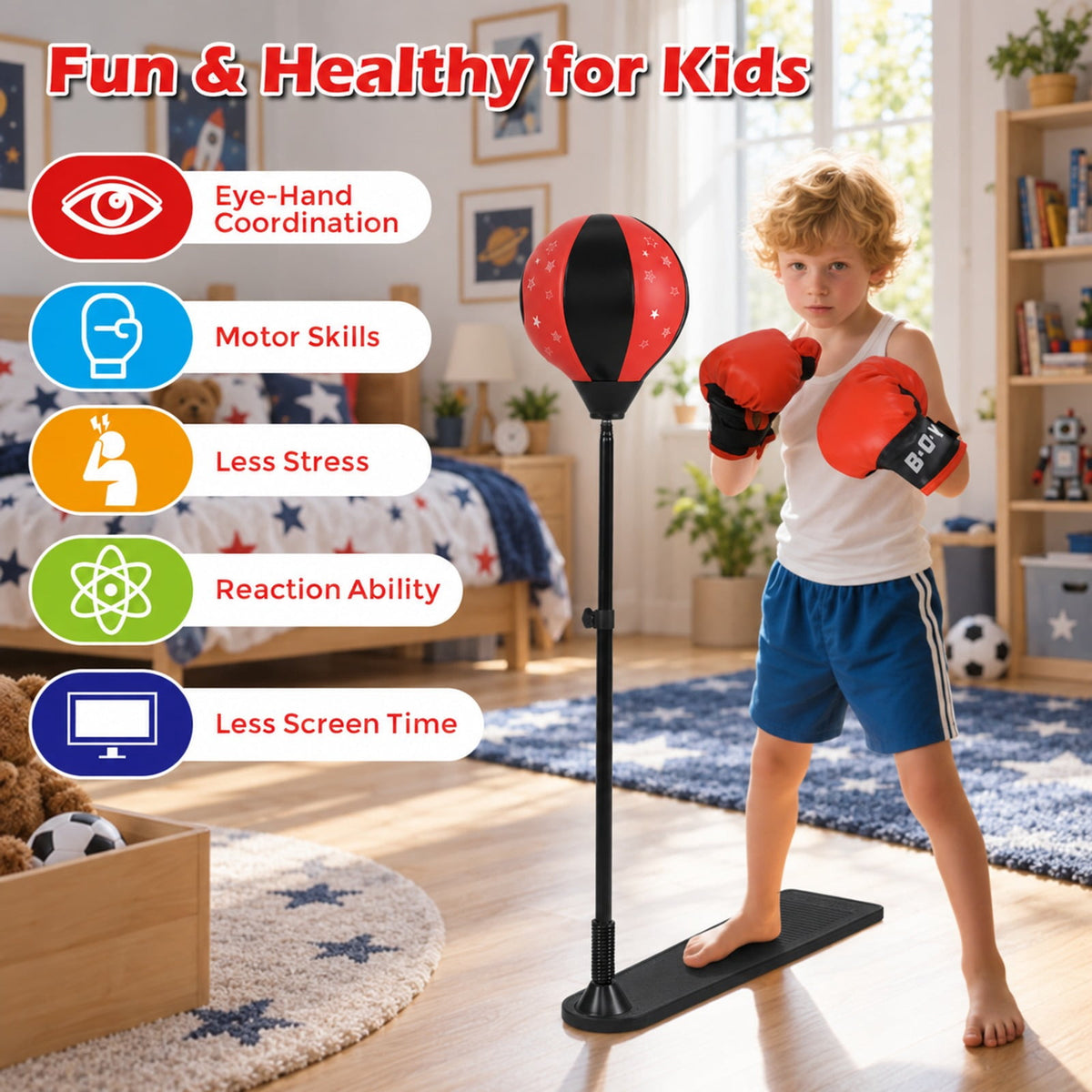 Airfind Kids Punching Bag with Adjustable Stand and Boxing Gloves, PE Frame, for 8+, Black red, Adjustable height 33.5- 61 Stand base