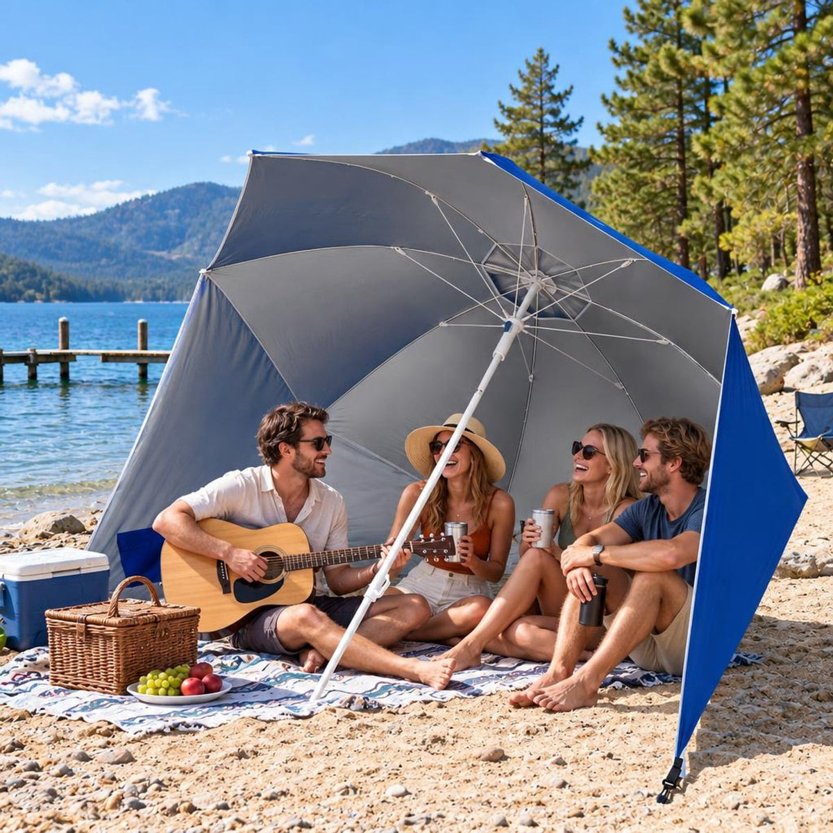 Airfind 2-in-1 Beach Shelter Umbrella UPF 50+ with Side Panels for Camping Picnic, Oxford Cloth Fiberglass Pole Metal PP Frame, Blue