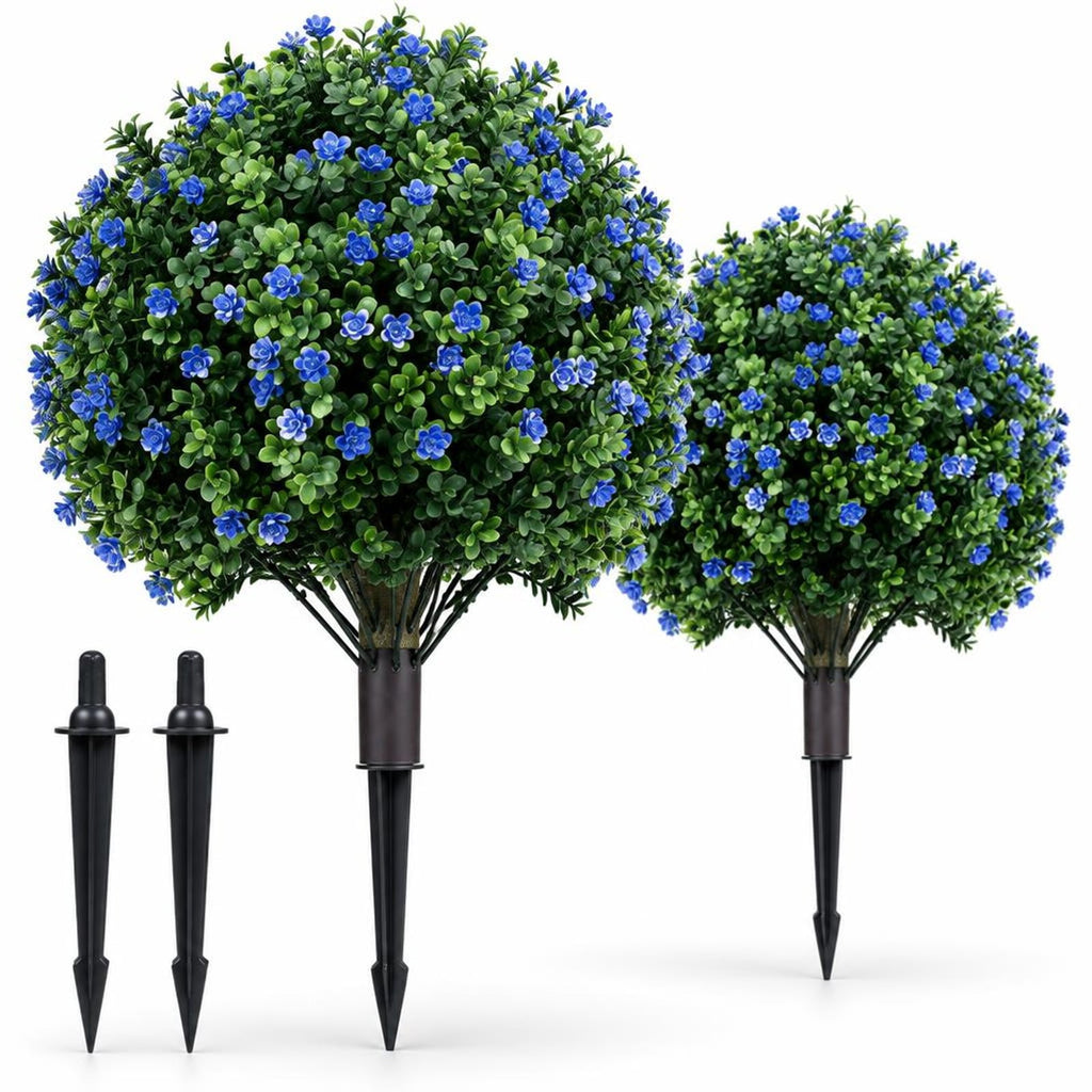 Airfind 2 Pack Artificial Flowering Boxwood Topiary Ball Trees 27.5 Inches Faux Floral Shrubs, PP PE Frame for Everyday Use, Green