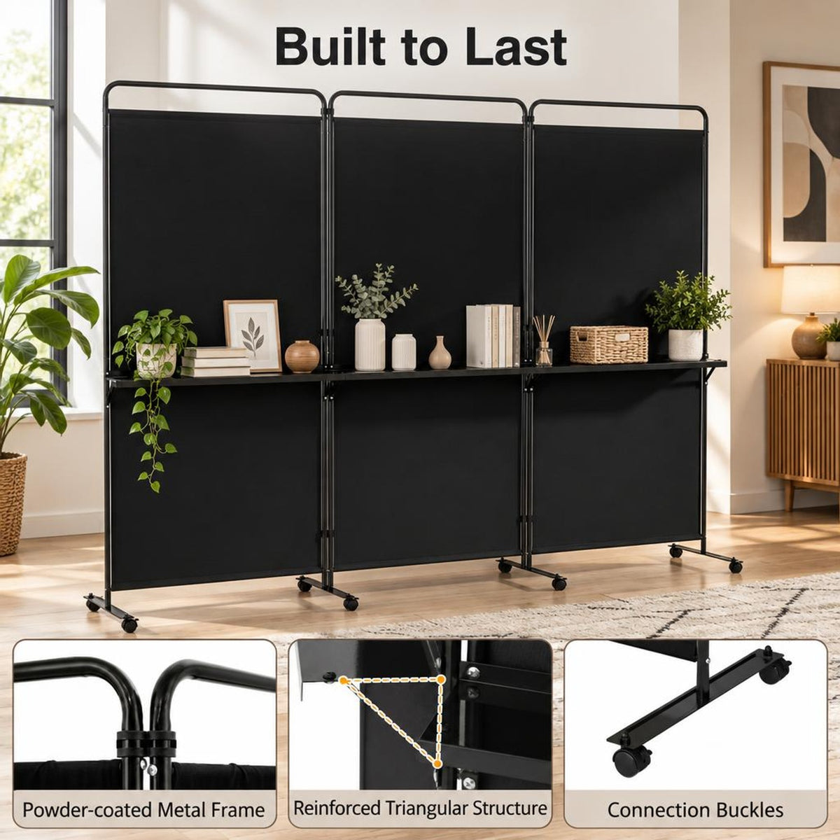 Airfind 3-Panel Room Divider with Shelves 6 FT Tall Folding Privacy Screen with Lockable Wheels, Polyester Fabric Metal Frame, Black