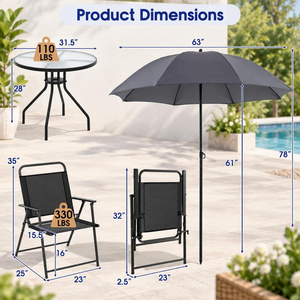 Airfind 6 Pieces Patio Dining Set Folding Chairs Glass Table Tilt Umbrella for Garden, 110 lbs Capacity, Steel fabric tempered glass Frame, Grey