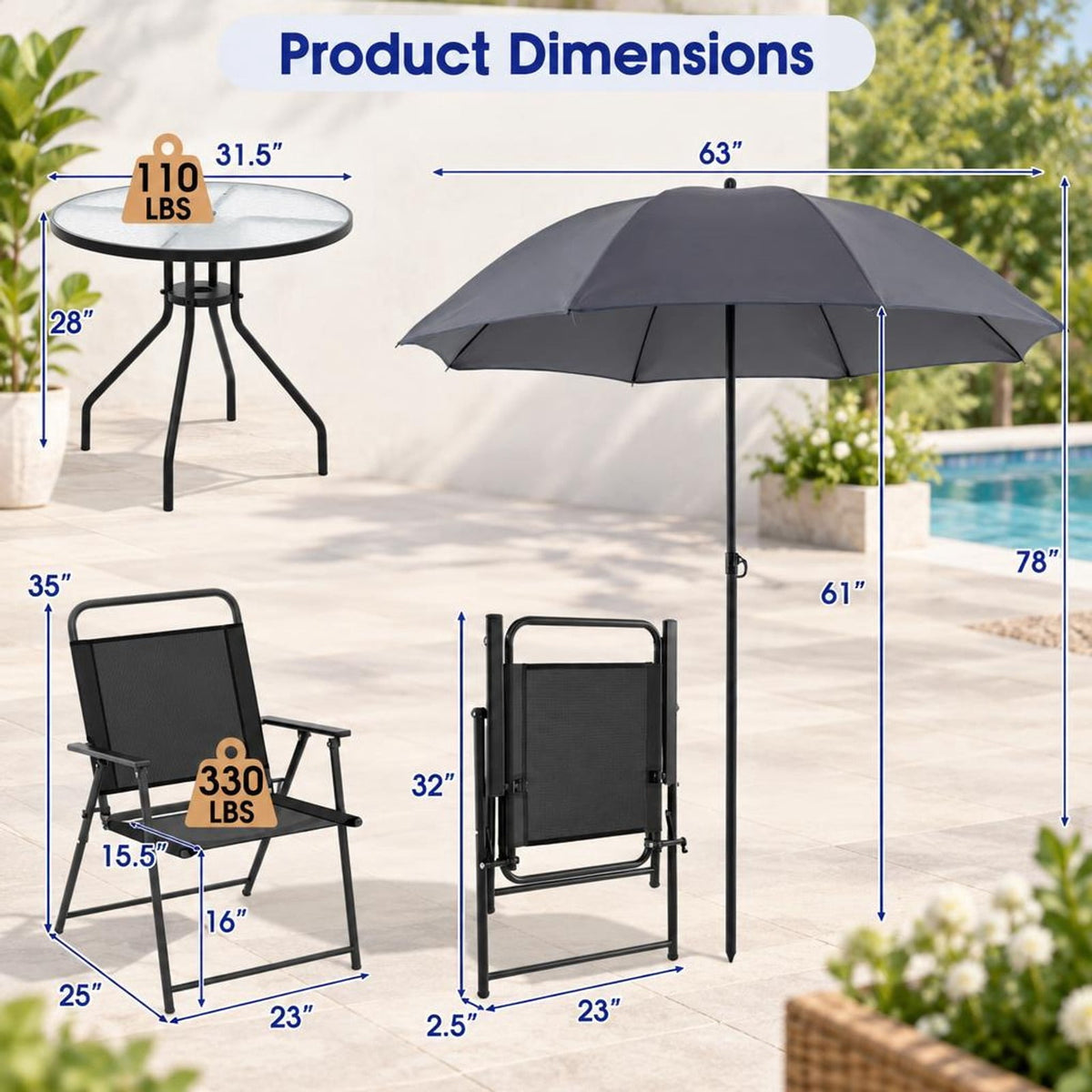 Airfind 6 Pieces Patio Dining Set Folding Chairs Glass Table Tilt Umbrella for Garden, 110 lbs Capacity, Steel fabric tempered glass Frame, Grey