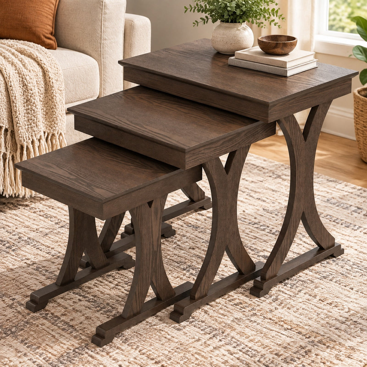 Airfind 3 Pieces Nesting Coffee Table Side Table with Solid Rubber Wood Legs, 71 lbs Capacity, Rubber Wood MDF Frame, 23 x 15 x 22 Footprint