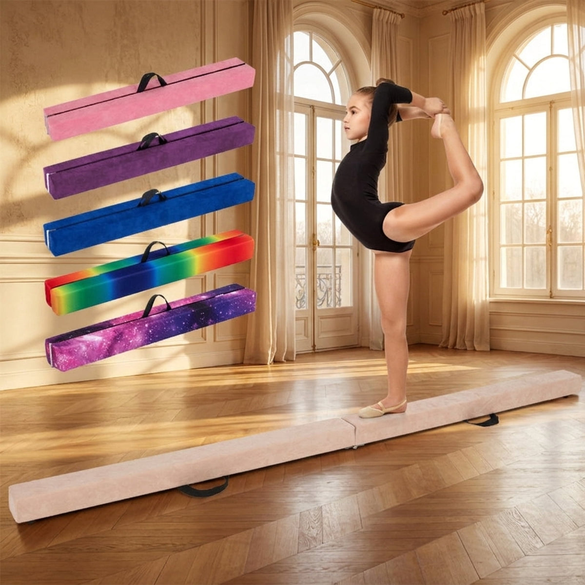 Airfind 9 ft Folding Gymnastics Balance Beam with Suede Cover, Pine Wood Core and Non-Slip Mat, Brown