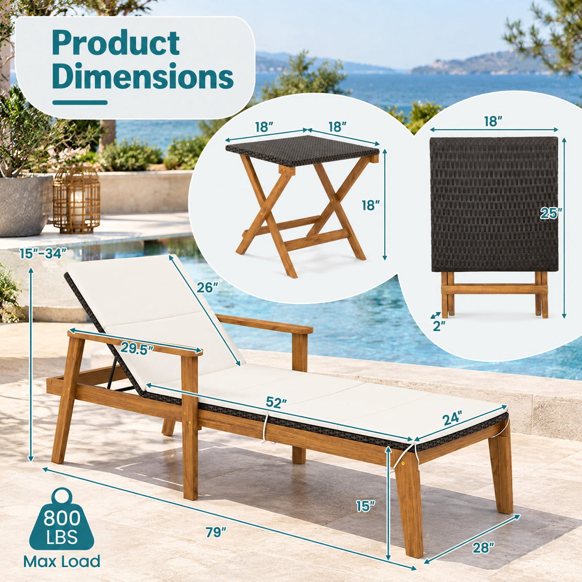 Airfind Outdoor Chaise Lounge Chair Rattan Patio Recliners with Armrests, Solid acacia wood frame for strong support