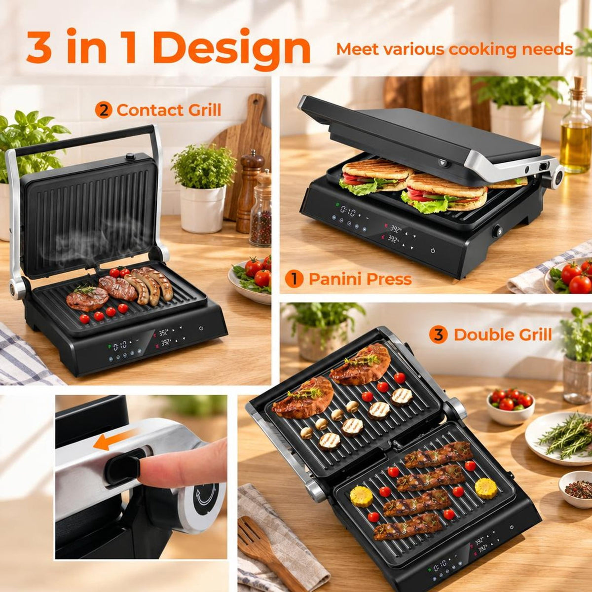 Airfind 3 in 1 Indoor Electric Panini Press Grill with LED Display, Tempered Glass Aluminum Metal Stainless Steel Frame, Black