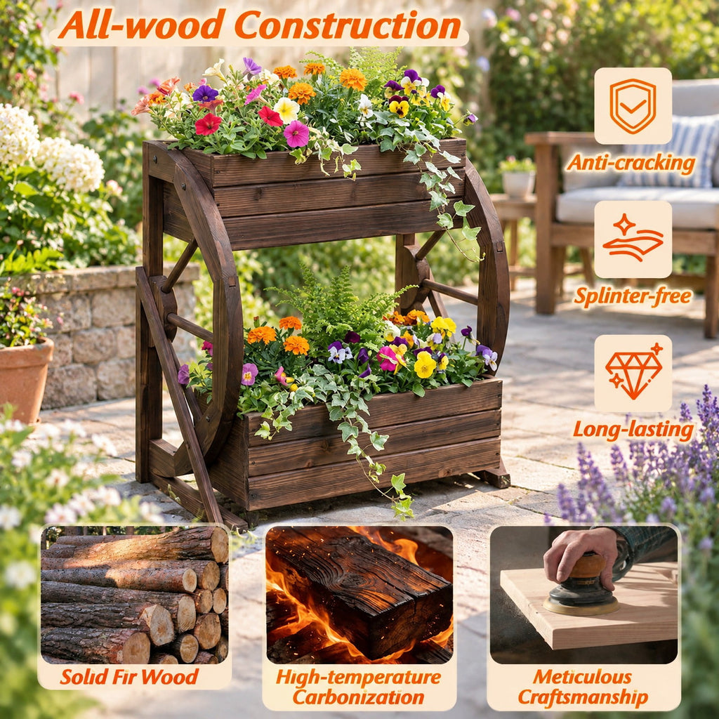 Airfind 2-tier Raised Garden Bed Rustic Wood Wagon Planter with Drainage Holes and Semi-wheels, 22 lbs Capacity, Fir Wood Frame, Coffee