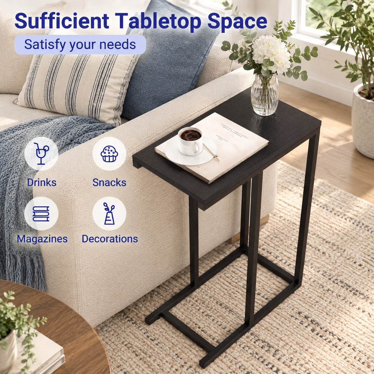 AIRFIND C-Shaped Side Table with Metal Frame and Adjustable Feet, Slim Slide-Under Sofa End Table for Drinks and Small Items, 18 x 10 x 25 in