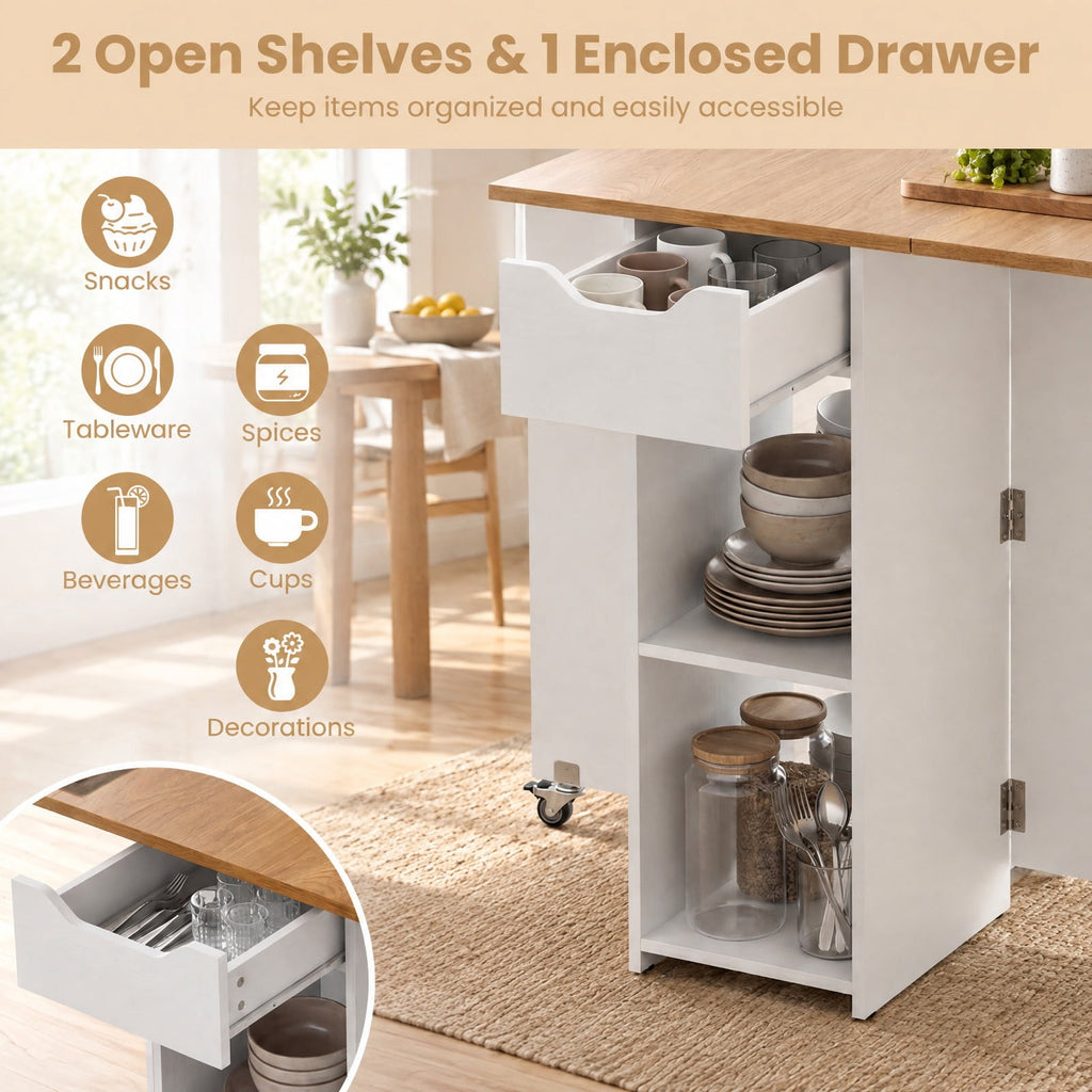 Airfind 47.5 Inch Farmhouse Extendable Wooden Dinner Table with Lockable Wheels, 88 Lbs Each Shelf Capacity, Engineered Board MDF, Natural