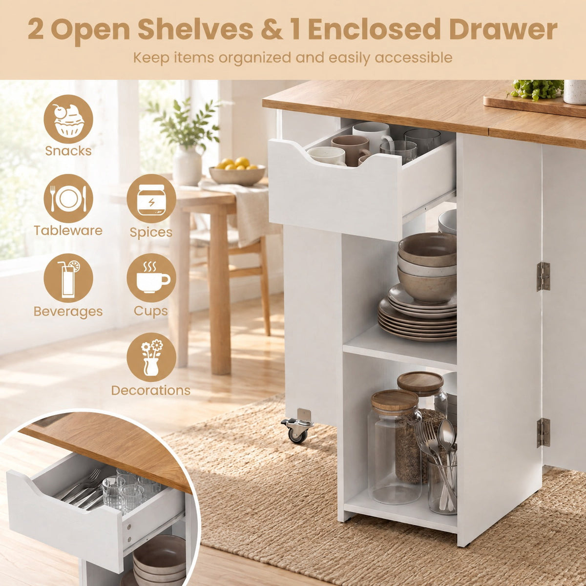 Airfind 47.5 Inch Farmhouse Extendable Wooden Dinner Table with Lockable Wheels, 88 Lbs Each Shelf Capacity, Engineered Board MDF, Natural