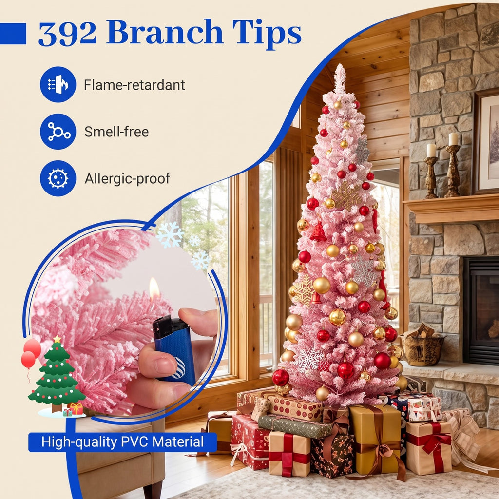 Airfind 6 FTSnow-flocked Artificial Pink Christmas Tree Pre, PVC Metal Tree Height 6 ft / 7 ft Tree Width 1.6 ft / 2 ft Frame, Pink