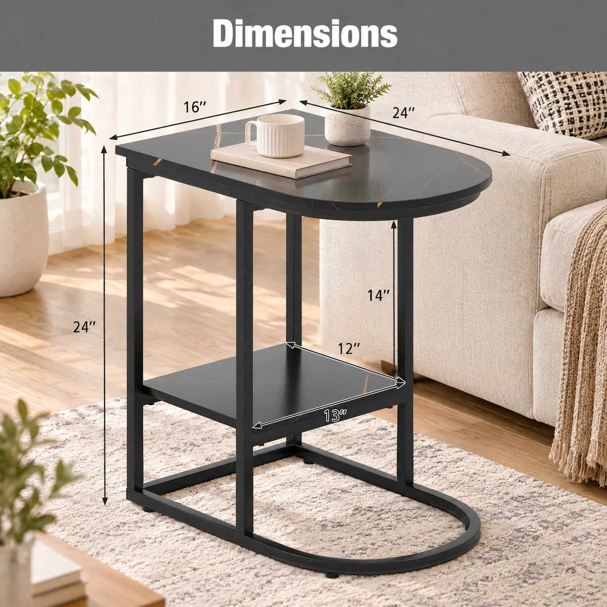 Airfind C-shaped Modern Sofa Side Table with Faux Marble Tabletop and Storage Shelf, 66 lbs Capacity, Engineered Wood Metal Frame, Black