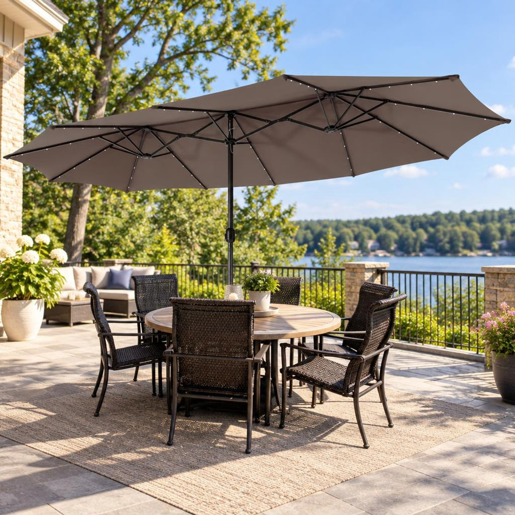Airfind 15 Feet Twin Patio Umbrella with 48 Solar LED Lights, Steel polyester fabric Frame, 15.4 x 9.2 x 8 (L x W x H) Pole Footprint, Brown