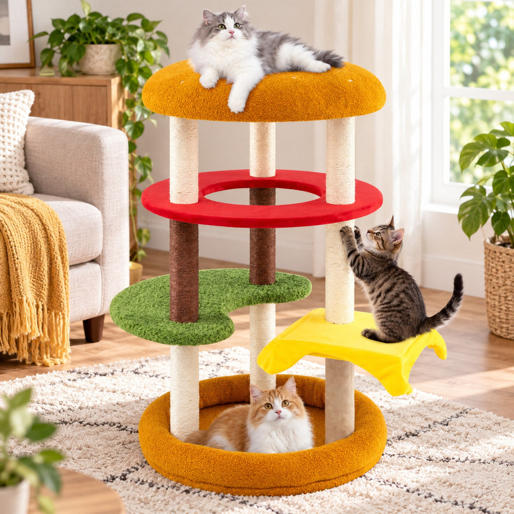 Airfind 42 Inch Tall Modern Cat Tree Multi-Level with Padded Perch and Cat Bed, 22 lbs Capacity, 24in x 42in (Dia. x H) Perch Footprint, Yellow