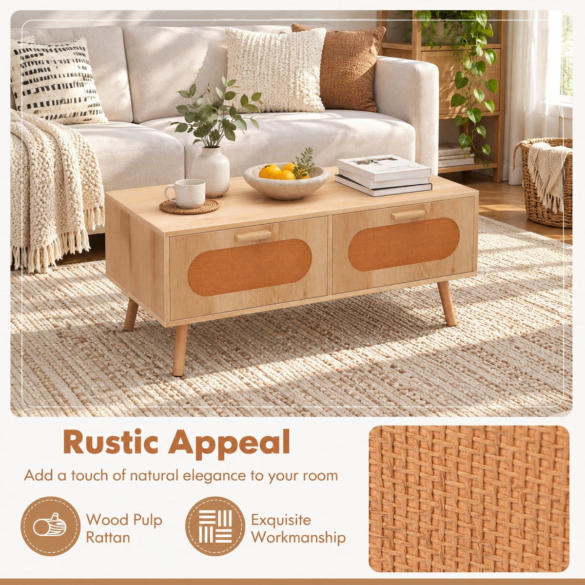 Airfind Rattan Coffee Table Mid Century Modern Center Table with 2 Storage Drawers, 132 lbs Capacity, Natural